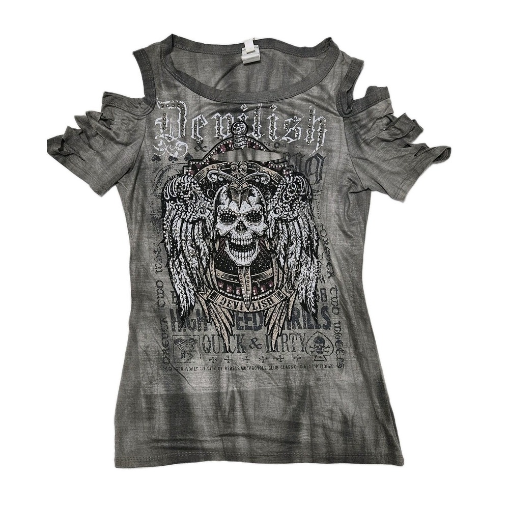 Liberty Wear Graphic Tee Women Sm Gray Skull Rhinestone Cold Shoulder Edgy Biker
